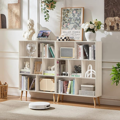 LEYAOYAO Cube Bookshelf 3 Tier Mid-Century Light Grey White Modern Bookcase with Legs,Retro Wood Bookshelves Storage Organizer Shelf,Freestanding Open Book Shelves for Bedroom,Living Room,Office