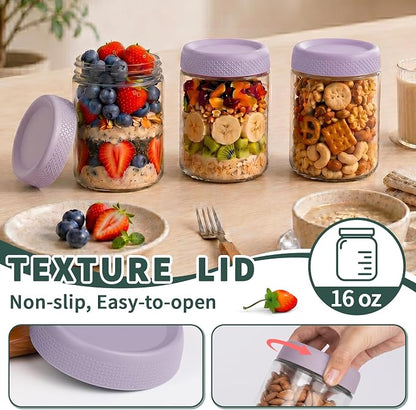 16 oz Overnight Oats Containers with Lids, 6 Pack Wide Mouth Mason Jar with Lid, Yogurt Containers with Lids for Kitchen, Glass Jars for Storage, Pudding, Chia, Prep, Snack, Sugar, (Purple)