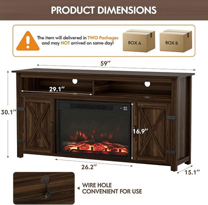 YESHOMY Fireplace TV Stand for Television up to 65+ Inch with Storage and Farmhouse Barn Doors, Entertainment Center with Cabinet and Shelves, Media Console for Living Room, Walnut