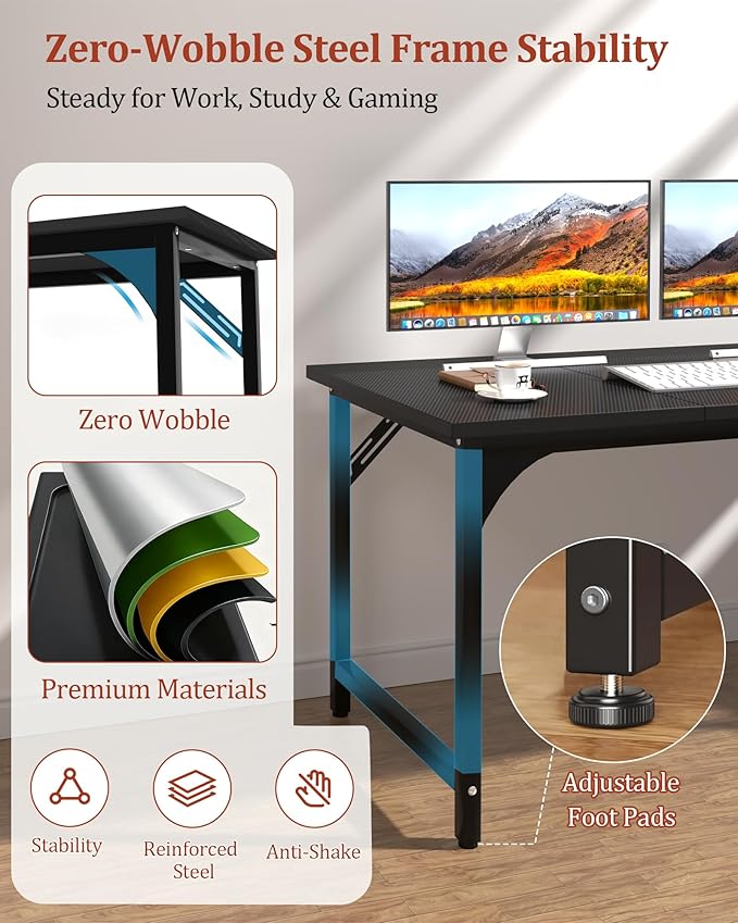 Computer Desk 47.2" Office Desk, Extra Wide 23.62” Carbon Fiber Deep Desktop, 0.59” Thick Heavy-Duty Home Office Desks, Office Table with Steel Frame, Wood Desk for Bedroom Study Writing Gaming Work