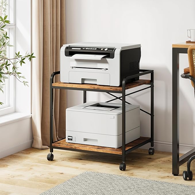Warmiehomy 2 Tier Printer Stand with Storage, 22 Inches(55cm x 50cm) Under Desk Rolling Printer Cart with Height Adjustable Shelf, Large Printer Table for Home Office, Rustic Brown