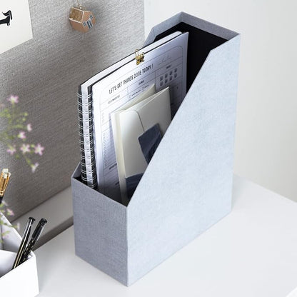 Bigso Box of Sweden Estelle Canvas Fiberboard Upright Magazine Storage Box | Magazine Holder & Organizer for Papers & Catalogs w/Leather Handle for Office Desks | 12.6in x 4.5in x 9.8in | Ash