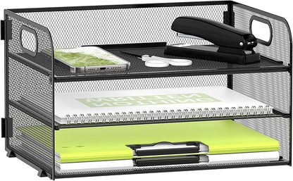 DALTACK 3 Tier Paper Organizer with Handle, Mesh Metal Desk Organizer with Sliding Paper Trays for Letter/A4 Paper, Mail, Bills & Folders, Black