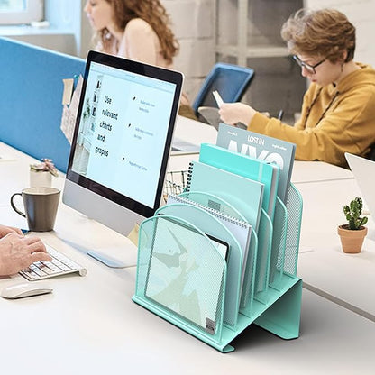 Inclined Desk File Organizer, 5-Section Vertical File Folder Holder Stand Metal Rack File Sorter for Office Classroom Desktop Organization