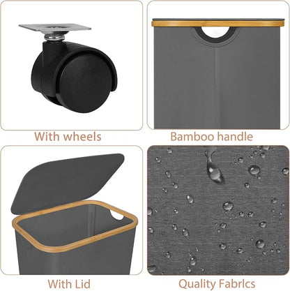 Laundry Basket with Wheels,100L Hampers for Laundry,Large Laundry Hamper with Lid and Bamboo Handles,Collapsible & Waterproof Tall Cloth Hamper for Dormitory Family,Grey