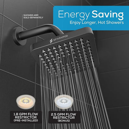 SparkPod Rain Shower Head, 6 Inch Square | High Pressure Shower Heads, 90 Nozzle (Touch-to-Clean), Adjustable Showerhead, No-tool Universal Connection