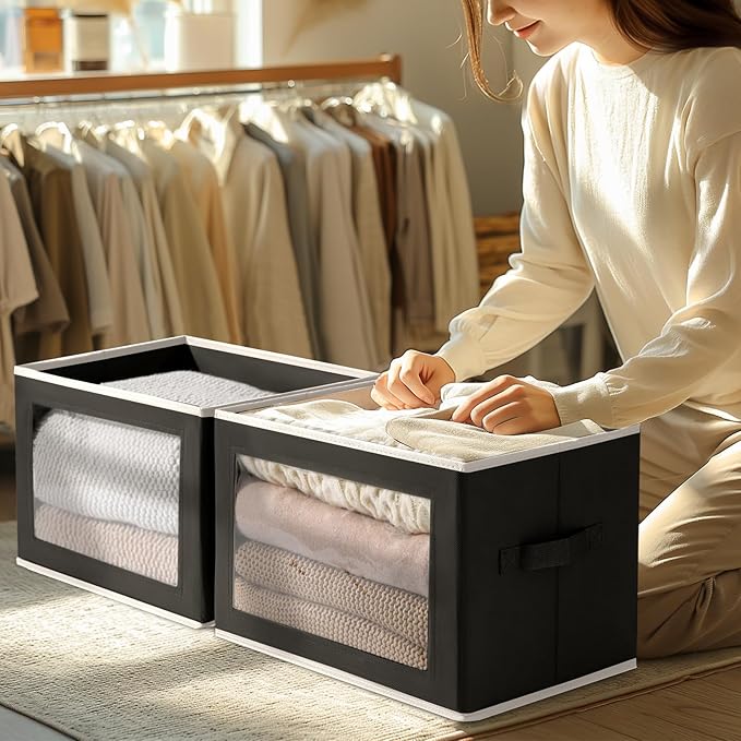Homsorout Storage Boxes with Lids - 4 Pack Fabric Clear Window Storage Bins, Large Decorative Storage Bins with Handles, Linen Closet Organizer for Clothes, Towel, Blanket, Black