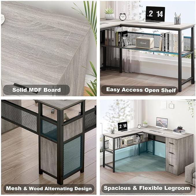 LVB Reversible Gray L Shaped Corner Desk, Farmhouse Wood Computer Desk with File Drawers Cabinets, Large Work Study Executive Home Office Desk with Storage Shelves for Bedroom, Light Grey Oak, 59 Inch