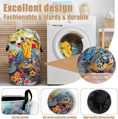 Sea Turtle Laundry Basket, Foldable Colorful Floral Laundry Hamper Tote Bag Dirty Clothes Storage Bucket Toy Organizer for Bathroom/Laundry/Bedroom 15.7"x19.6"