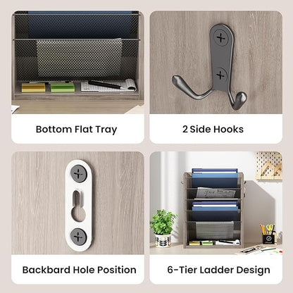 Creso hom Mail Organizer Wall Mounted, 6-Tier Wall File Organizer with 2 Hooks, Wooden Desk Organizer Magazine Holder with Bottom Flat Tray, for Office Home, Greige