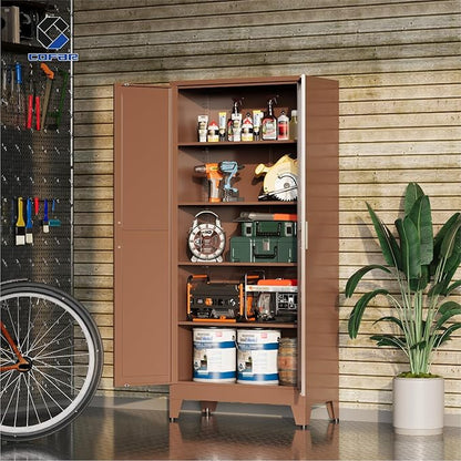 COFaR 71 in Tall Kitchen Pantry Cabinet, Metal Pantry Storage Cabinet with 4 Adjustable Shelves and 2 Barn Doors, Freestanding Farmhouse Food Cupboard for Dining Room, Brown 5-Tier