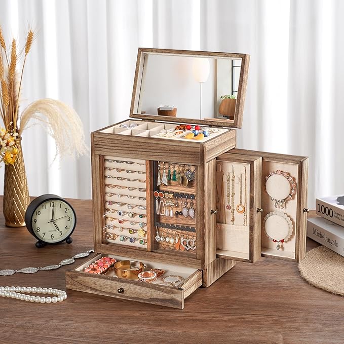 Honiway Jewelry Box for Women, 5 Layer Rustic Wooden Jewelry Organizer with Glass Window, 4 Drawers, Mirror, Large Jewelry Storage Display for Earrings Rings Necklaces Bracelets (Rustic Brown)