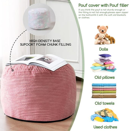 HIGOGOGO Round Stuffed Pouf Ottoman, Corduroy Poufs with Foam Chunk Filling, Furry and Fluffy Pouf Foot Stool Storage Ottoman, 26 X 18 Floor Poufs Foot Rest for Living Room, Pink