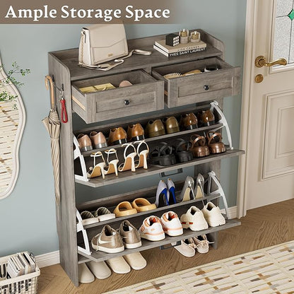 Shoe Storage Cabinet for Entryway, Farmhouse Narrow Shoe Cabinet with 2 Flip Drawers & Top Drawers, Adjustable Shelves & Hooks, Freestanding Hidden Rack Organizer for Hallway, Foyer