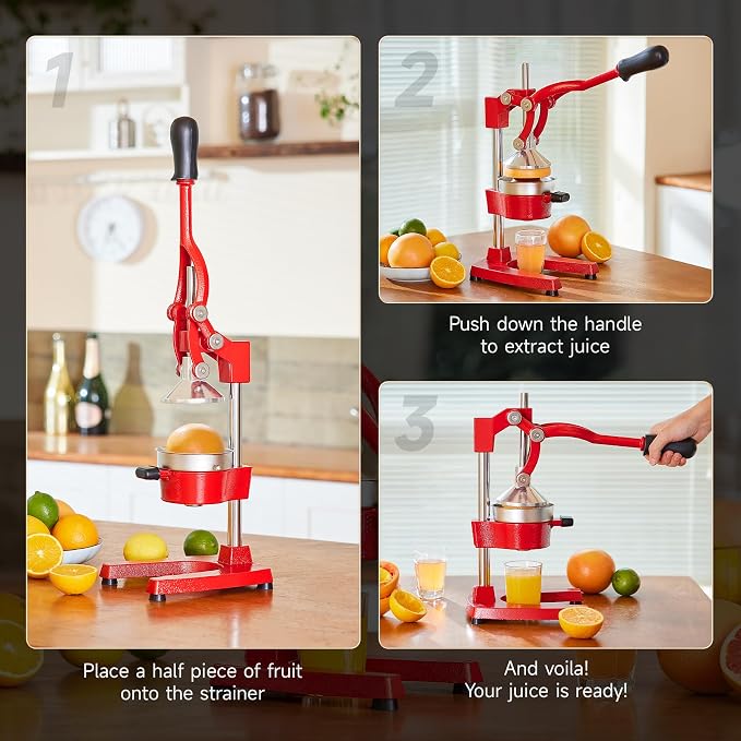 CO-Z Manual Citrus Juicer, Professional Orange and Lemon Juice Maker, Easy to Clean, Red