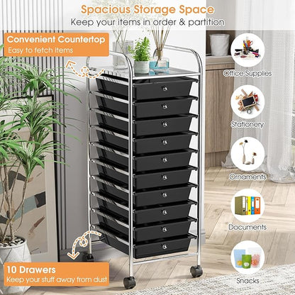 RELAX4LIFE 10 Drawer Rolling Cart, Slim Storage Cart w/Lockable Wheels for Classroom School Teacher Office, Art Supplies Paper Scrapbook Craft Organizers, Utility Cart with Drawers (Black)