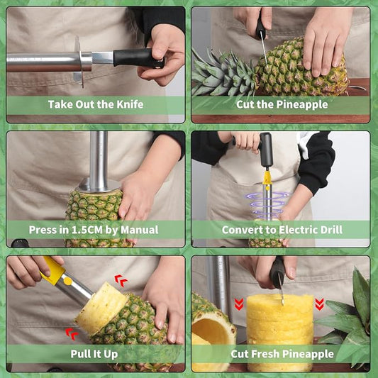 Newness Pineapple Corer with Knife, [Upgraded, Electric & Manual] Stainless Steel Fruit Pineapple Cutter with Electric Drill Accessory, Pineapple Slicer Remover Kitchen Tool with Measure Mark, Yellow