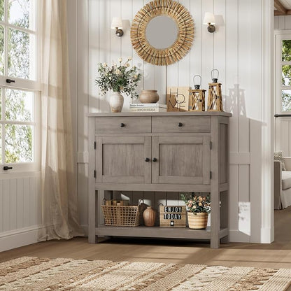 HOSTACK Farmhouse Console Table with 2-Door Cabinet & 2 Drawers, Coffee Bar, Entryway Table with Storage Shelf, Sofa Tables Buffet Sideboard for Kitchen, Hallway, Dining, Living Room, Ash Gray