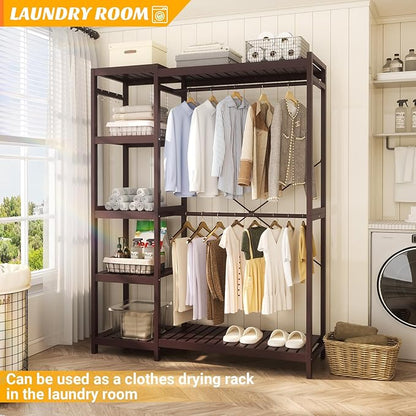 Homykic Bamboo Clothes Rack Garment Rack for Hanging Clothes, Heavy Duty Clothing Rack with 7 Tiers Adjustable Shelves, Double Rods, 4 Hooks, Freestanding Closet System Organizer Wardrobe, Espresso
