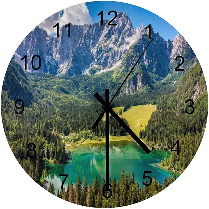 Scenic Nature Wall Clock Silent Non Ticking Battery Operated, Natural Mountain Lake Forest Landscape Woodland Scenery Clock Decorative for Bathroom Kitchen Bedroom Living Room(12 Inch)