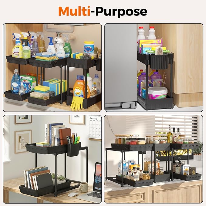 Sevenblue 3 Pack Under Sink Organizer, 2 Tier Pull Out Bathroom Cabinet Organizer, Multi-Purpose Storage Shelf for Kitchen (2-Tier Sliding, 12.8 Inch)