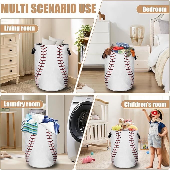 Baseball Laundry Basket, Foldable Waterproof Ball Laundry Hamper Tote Bag Dirty Clothes Storage Bucket Toy Organizer for Bathroom/Laundry/Bedroom 15.7"x19.6"