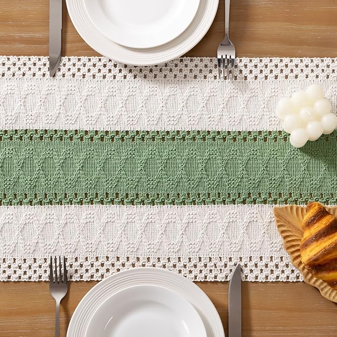 Socomi Boho Table Runner Valentine's Day Farmhouse Rustic Dining Kitchen Small Macrame Woven Cotton Linen Coffee Table Runner for Dresser Scarf Home Decor 12x36 inch Sage Green Ivory