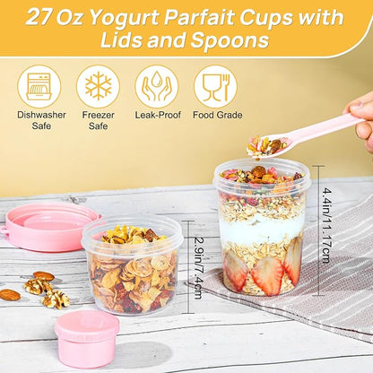 Vtopmart 4 Pack 27oz Yogurt Parfait Cups with Lids and Spoons, Overnight Oats Containers, Reusable Topping Compartment for Breakfast with Yogurt, Cereal or Oatmeal On-the-Go