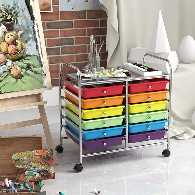 GOFLAME 12-Drawer Rolling Storage Cart, Multifunctional Art Craft Organizer Cart, Mobile Utility Storage Cart with Removable Drawers & Lockable Wheels, Craft Cart for Home Office School, Multicolored