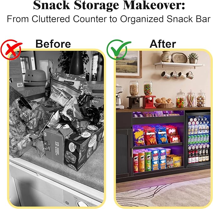 GDLF Snack Bar Cabinet with Fridge Space, 70.1" Snack Organizer with Storage and Candy Display Shelf, Coffee Station for Home Theater or Game Room with LED Lights, Black
