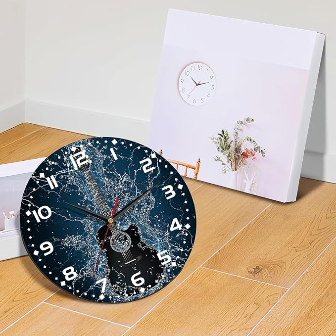 Electric Guitar Wall Clock - 10 Inch Wooden Art Hanging Clock, Silent Non-Ticking, Battery Operated, Round Home Arabic Numeral Decorative