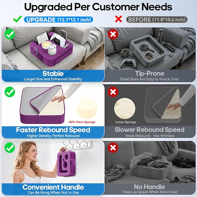 Couch Cup Holder Pillow, Sofa and Bed Caddy for iPad, Kindle, Switch, Game Controller, Remotes, Phones, Small-Sized Cup & Drink Holder for Couch, Bed, Desk, Car, Beach, Bathroom Cup Holder Purple