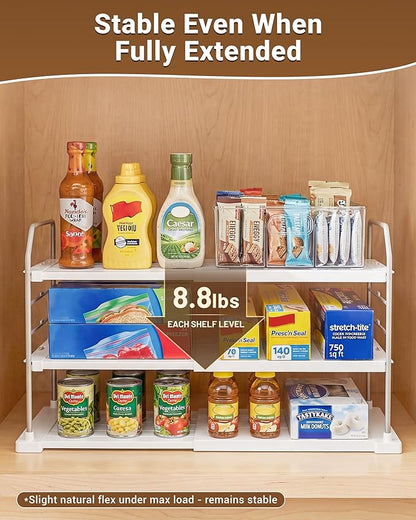 EVERIE Extendable 3-Tier Kitchen Cabinet & Pantry Organizer for Plastic Wrap, Foil & Storage Bags, Adjustable Heavy Duty Shelf Rack for Wrap Boxes, Jars & Snack Boxes (11–16.7 in Wide), Pack of 2