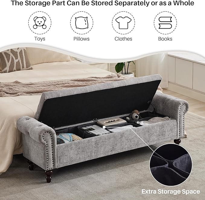 Storage Bench for Bedroom, 67" End of Bed Bench King Size, Upholstered Chenille Storage Ottoman with Tufted Cushioned Rolled Arm Large Storage Space for Living Room Entryway, Light Grey