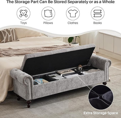 Storage Bench for Bedroom, 67" End of Bed Bench King Size, Upholstered Chenille Storage Ottoman with Tufted Cushioned Rolled Arm Large Storage Space for Living Room Entryway, Light Grey