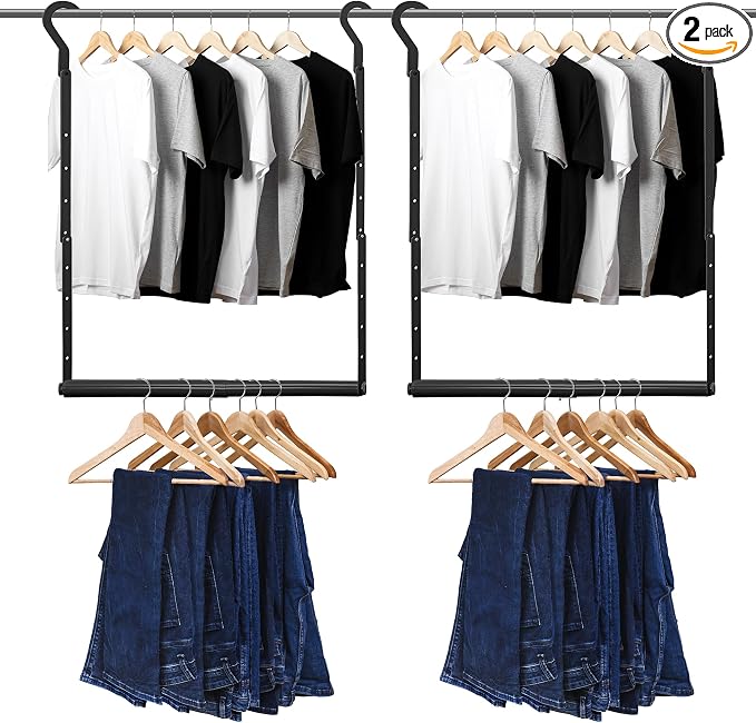 Adjustable Hanging Closet Rod, Heavy Duty Closet Rods for Hanging Clothes, Powder-Coated Black Metal Double Closet Bar, Space-Saving Closet Poles Extender for Clothing Organizer, 2 Pack