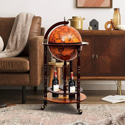 Goplus Globe Bar, 17.5” Liquor Globe Bar Cart with Wheels, Bottom Shelf, Old World Map, 16th Century Italian Replica Retro Wine Alcohol Stand, Globe Bar Cart for Dining Room Living Room Home
