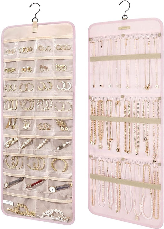 BAGSMART Hanging Jewelry Organizer Storage Roll with Hanger Metal Hooks Double-Sided Jewelry Holder for Earrings, Necklaces, Rings on Closet, Wall, Door, 1 piece, Large, Pink