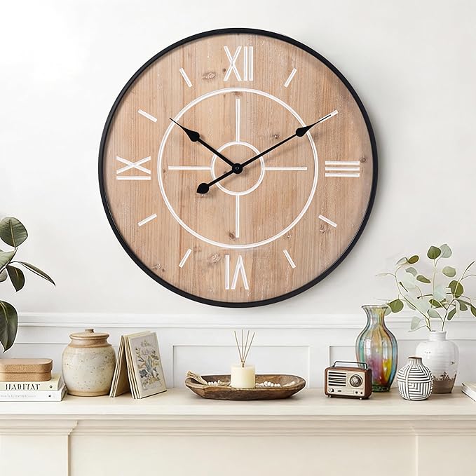 aevbibs Large Decorative Wall Clock 24 & 30 Inch – Vintage Industrial Farmhouse Modern Style – Iron & Wood, Silent Non-Ticking Quartz, Roman Numerals – Living Room, Office, Classroom