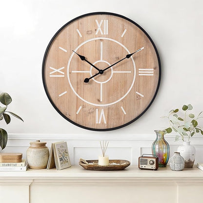 aevbibs Large Decorative Wall Clock 24 & 30 Inch – Vintage Industrial Farmhouse Modern Style – Iron & Wood, Silent Non-Ticking Quartz, Roman Numerals – Living Room, Office, Classroom