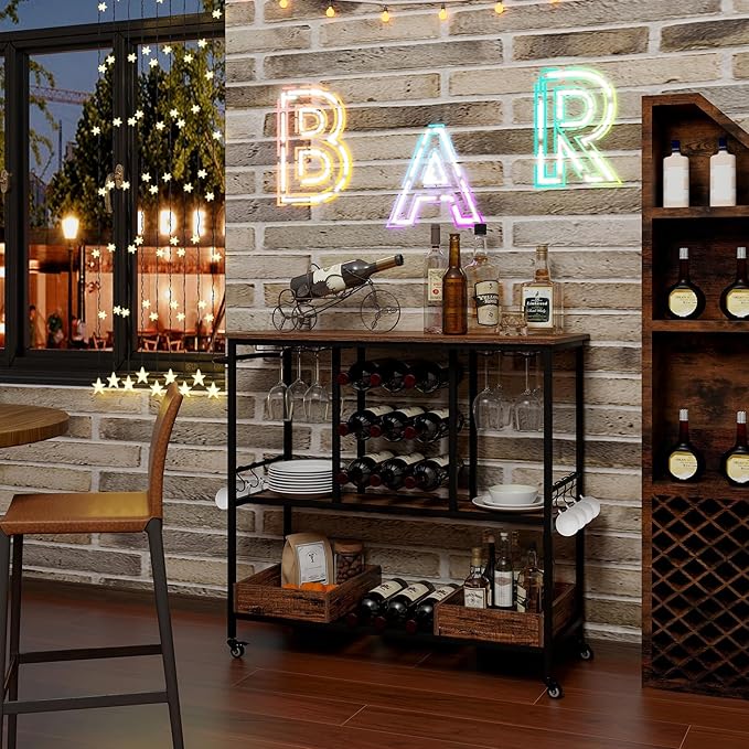 Giantex Bar Cart, 3 Tier Home Serving Cart on Wheels with Handle, Glass Racks, Wine Holders, Hooks & Storage Boxes, Industrial Rolling Beverage Cart for Kitchen, Dining Room, Living Room, Rustic Brown
