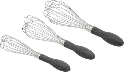 Amazon Basics Stainless Steel Wire Whisk Set for Cooking, Different Sizes, Easy to Hold Ergonomic Handle, 3 Piece, Black/Silver