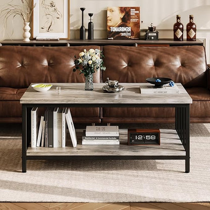 Homeiju Coffee Table for Living Room with Slatted Sides Frame, Modern Farmhouse Living Room Table with 2-Tier Storage Shelf for Home Office, Apartment, Grey Wash, 39 inch