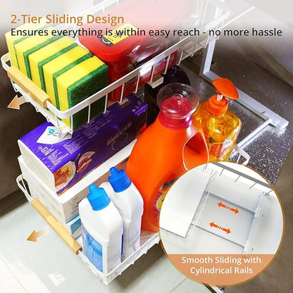 Under Sink Organizer 2 Pack, 2 Tier Pull Out Cabinet Organizers and Storage for Kitchen Bathroom Pantry Laundry, Adjustable Height, Slide Out Thickened Metal Storage Shelf (White, 2 Pack)