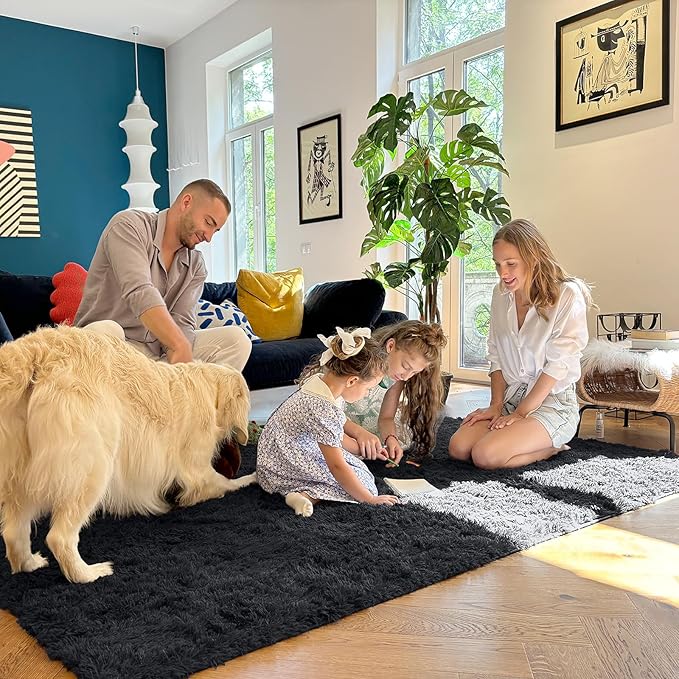 OLANLY 7x8 Machine Washable Large Area Rugs for Living Room, Bedroom, Soft Fluffy Shaggy Bedside Rug, Indoor Floor Carpet for Kids Girls and Boys, Dorms, Nursery, Home Decor Aesthetic, Black