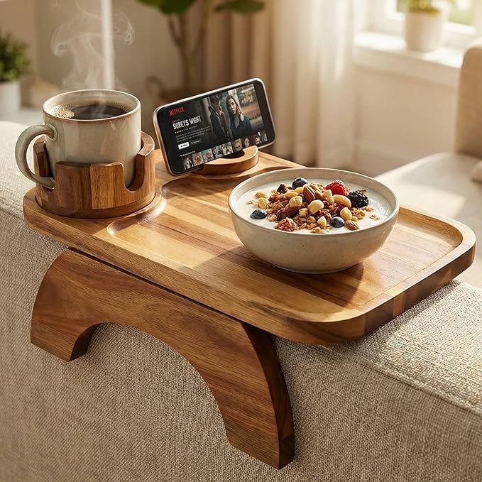 Couch Armrest Table, Acacia Wood Sofa Arm Tray with 360° Rotating Phone & Cup Holder, Clip-On Arm Rest Table for Couch, Anti-Slip Tray for Snacks & Drinks, for Men Dad, 15.4" x 9.8"