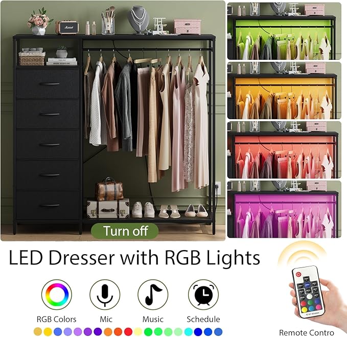 47 Inch Black Dresser with LED Lights & Hanging Rack, 5 Drawer Fabric Dresser with Charging Station and Shelves, Tall Closet Organizer for Bedroom Clothes Storage