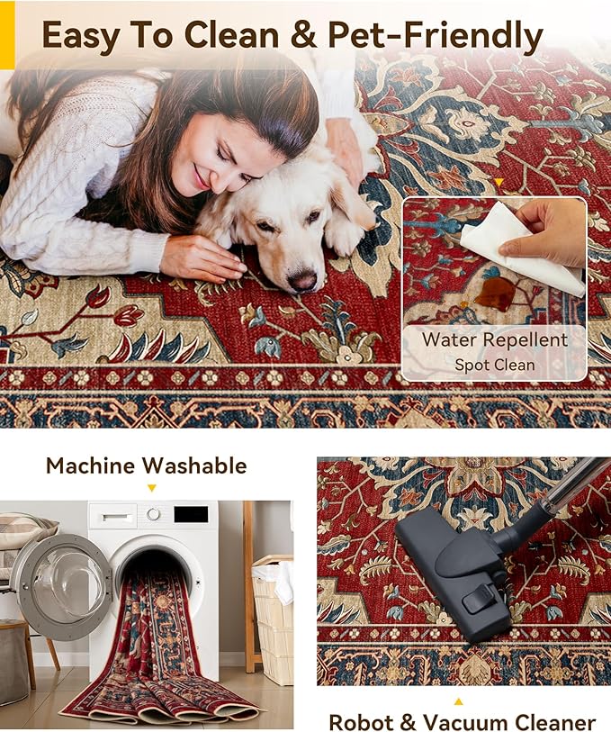 RELEANY Area Rugs 4'x6' Washable Non-Slip, Floral Vintage Distress Medallion Carpet for Living Room Bedroom Dining Room, Red Blue