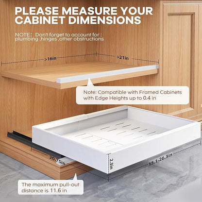 Seinloes 2 Pack Pull Out Cabinet Organizer for Wide Cabinets,Expandable 15.1"-26.3" Width,21" Deep Slide Out Drawers With Raising Pad for Framed Cabinets,3 Slide Rails,No Drill Roll Out Shelves,White