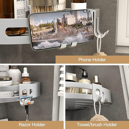 VOLPONE Corner Shower Caddy with Razor Holder Adhesive Shower Shelf Corner No Drilling Corner Shower Organizer Storage Rack Shampoo Holder Wall Mount (3-Pack, Silver)